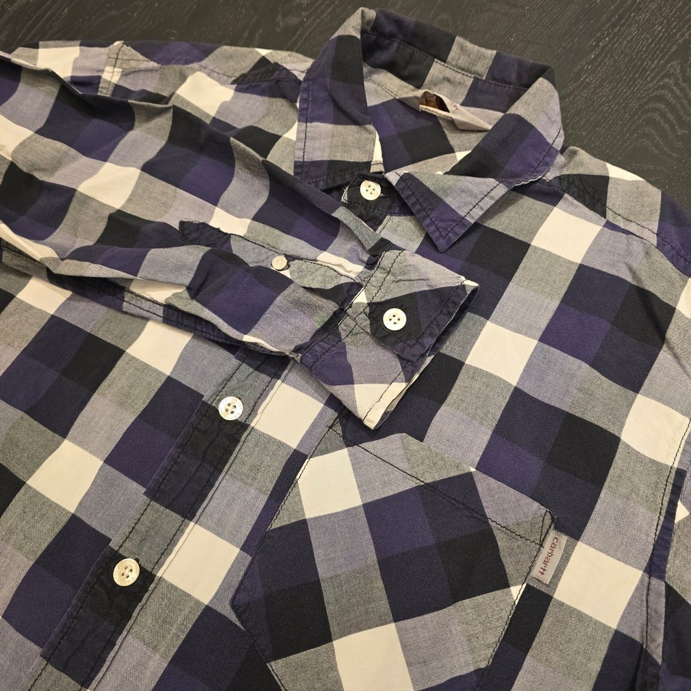 Carhartt Peyton Shirt Mens Large L/S Purple Blue Plaid Button Down Cotton U687‎